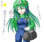  bad_id bad_pixiv_id bag blue_overalls cameo color_connection cosplay cowboy_shot crossover duffel_bag gloves green_hair green_hat green_shirt hand_up hat kochiya_sanae long_hair long_sleeves luigi luigi_(cosplay) mario_(series) mumei overalls piranha_plant shirt simple_background single_letter solo standing starman_(mario) super_mario_bros. touhou translated turtleneck waving white_background white_gloves yoshi |_| 