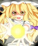  blonde_hair bow foreshortening hair_bow hands hat kamo_(yokaze) kirisame_marisa light long_hair mini-hakkero open_mouth orange_eyes outstretched_hand smile solo touhou turtleneck upper_body 