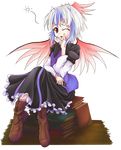  absurdres book boots dress full_body gr_(artist) head_wings highres horns multicolored_hair one_eye_closed red_eyes short_hair single_head_wing sitting solo tokiko_(touhou) touhou transparent_background wings 