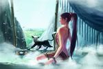  animal back backless_outfit bare_back breasts butt_crack cityscape copyright_request hair_ribbon long_hair medium_breasts onsen oropi petals ponytail ribbon scenery sideboob sitting solo steam very_long_hair 