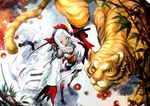  dark_skin gin_(oyoyo) new_year original solo sword tiger weapon white_hair yellow_eyes 