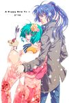  1girl 2010 :d bad_id bad_pixiv_id breath couple flower hair_flower hair_ornament hetero japanese_clothes kimono macross macross_frontier nentan new_year open_mouth ponytail ranka_lee saotome_alto smile snow 