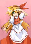  apron blonde_hair dress ellen green_eyes hatarakimono hemogurobin_a1c long_hair one_eye_closed ribbon solo touhou touhou_(pc-98) 