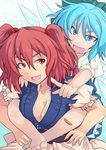  bad_feet bad_id bad_pixiv_id bandaid bandaid_on_knee barefoot blue_eyes blue_hair bow breasts cirno cleavage foreshortening hair_bobbles hair_bow hair_ornament hands large_breasts multiple_girls onozuka_komachi red_eyes red_hair short_hair touhou two_side_up wings yude 