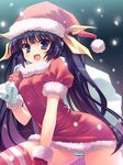  :d blue_eyes copyright_request fang hat looking_at_viewer open_mouth panties purple_hair sack santa_costume santa_hat smile snow solo striped striped_legwear thighhighs twintails underwear yasaka_minato 