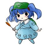  backpack bag blue_hair chibi full_body hair_bobbles hair_ornament hat highres kawashiro_nitori solo touhou transparent_background two_side_up younger yume_shokunin 
