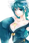  alternate_costume alternate_hairstyle between_breasts blue_eyes blue_hair bow breasts cleavage japanese_clothes katayama_kei lace large_breasts mima solo touhou 
