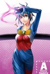  allenby_beardsley beam_ribbon blue_bodysuit blue_hair bodysuit bow breasts g_gundam green_eyes gundam haikikyou large_breasts mobile_trace_suit multicolored multicolored_bodysuit multicolored_clothes red_bodysuit ribbon short_hair solo yellow_bow 