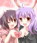  animal_ears bad_id bad_pixiv_id black_hair brown_eyes bunny_ears carrot carrot_necklace heart heart_hands heart_hands_duo inaba_tewi jewelry long_hair mitsu_yomogi multiple_girls necklace one_eye_closed open_mouth pendant purple_hair reisen_udongein_inaba short_hair smile touhou 