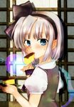  back bad_id bad_pixiv_id blue_eyes blush cake eating food from_behind hair_ribbon konpaku_youmu konpaku_youmu_(ghost) looking_back mikazuki_tenma mouth_hold multicolored multicolored_eyes open_mouth pastry plate ribbon short_hair shouji silver_hair sliding_doors solo sweat touhou 