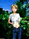  ahoge androgynous brown_eyes brown_hair denim jeans konno_mitsune love_hina midriff non-web_source one_eye_closed open_fly pants rohimo shirt shirt_lift short_hair solo t-shirt tree unzipped 