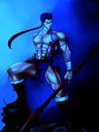  alba blue blue_background blue_hair boots fate/stay_night fate_(series) gae_bolg lancer male_focus manly muscle polearm solo spear weapon 