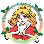  1girl blonde_hair breasts cape christmas cleavage female final_fantasy final_fantasy_iv long_hair lowres mistletoe red_eyes ritoraax rosa_farrell solo tiara white_background 