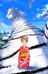  animal bad_id bad_pixiv_id brown_eyes brown_hair day highres japanese_clothes kimono new_year original oversized_animal ryouma_(galley) seiza sitting sky solo tiger white_tiger 
