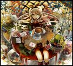  alice_(wonderland) alice_in_wonderland blonde_hair book bow card cheshire_cat clock cup green_eyes hair_bow hat hoshikako_(koz) long_hair lying_card pocket_watch watch white_rabbit 