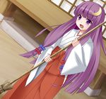  bad_id bad_pixiv_id bamboo_broom broom crescent crescent_hair_ornament dutch_angle hair_ornament hakama japanese_clothes long_hair miko mrtaa patchouli_knowledge purple_eyes purple_hair red_hakama solo touhou 