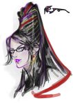  bayonetta bayonetta_(character) black_hair concept_art glasses green_eyes long_hair mole mole_under_mouth official_art shimazaki_mari solo 