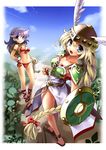  ankle_lace-up anklet armband armor armored_dress athena_(series) bikini blonde_hair blue_eyes braid breasts cross-laced_footwear front-tie_top green_armor hair_ribbon helmet jewelry katahira_masashi large_breasts long_hair looking_back medium_breasts multiple_girls namco princess_athena purple_eyes purple_hair red_bikini ribbon sandals shield side-tie_bikini snk swimsuit sword underboob valkyrie_(vnd) valkyrie_no_densetsu weapon winged_helmet 