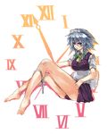  bad_id bad_pixiv_id barefoot braid clock feet izayoi_sakuya panties panty_pull red_eyes shiny shiny_skin short_hair silver_hair solo toono_yayoi touhou twin_braids underwear 