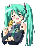  amakara_surume blush closed_eyes detached_sleeves eating hatsune_miku long_hair open_mouth solo twintails vocaloid 