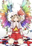  aka_ringo alternate_wings blonde_hair bug butterfly checkered flandre_scarlet flower gradient_hair hat insect multicolored multicolored_hair multicolored_nails nail_polish open_mouth ponytail rainbow_order red_eyes rose short_hair side_ponytail sitting smile solo touhou wariza wings wrist_cuffs 
