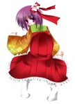  ass bad_id bad_pixiv_id bow flower full_body hair_bow hieda_no_akyuu highres japanese_clothes looking_back purple_eyes purple_hair rokudou_itsuki socks solo top-down_bottom-up touhou transparent_background 