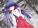  blue_hair closed_eyes dutch_angle furude_rika highres higurashi_no_naku_koro_ni hiroki-a56 japanese_clothes long_hair miko smile snow solo torii 