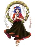  anklet bell blue_hair feet full_body hair_ornament highres jewelry leaf_hair_ornament md5_mismatch red_eyes rope sandals short_hair socha solo standing touhou transparent_background yasaka_kanako 