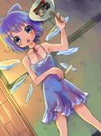  blue_eyes blue_hair blush bow cirno dress fan food hair_bow hakurei_reimu open_mouth petite popsicle sasoribi-dekine short_hair solo touhou wings yukkuri_shiteitte_ne 