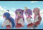  ahoge bad_id bad_pixiv_id bag blue_eyes blue_hair closed_eyes cloud day glasses green_eyes hair_ribbon hiiragi_kagami hiiragi_tsukasa izumi_konata keeeesuke letterboxed long_hair lucky_star mole mole_under_eye multiple_girls ocean pantyhose pink_hair pink_neckwear pleated_skirt purple_hair ribbon ryouou_school_uniform school_bag school_uniform serafuku short_hair skirt sky smile takara_miyuki tareme tsurime very_long_hair walking 