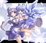  barefoot bell blue_eyes blue_hair bow cirno flower hair_bow hat holding_hands ice lavender_eyes lavender_hair letterboxed letty_whiterock multiple_girls one_eye_closed short_hair touhou wings yoshi_tama 