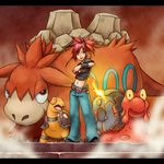  animal asuna_(pokemon) belt camerupt denim fire gen_2_pokemon gen_3_pokemon gym_leader highres holding holding_poke_ball jeans magcargo midriff navel pants poke_ball pokemon pokemon_(creature) pokemon_(game) pokemon_rse pokemon_trainer red_eyes red_hair shi69ro6645 steam torkoal 