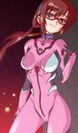  blue_eyes bodysuit brown_hair evangelion:_2.0_you_can_(not)_advance gekoge_satoru glasses long_hair makinami_mari_illustrious neon_genesis_evangelion pink_bodysuit plugsuit rebuild_of_evangelion solo twintails wide_hips 