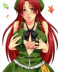  blush braid breasts chinese_clothes cleavage green_eyes hat highres hong_meiling large_breasts long_hair nekomaru_rentarou red_hair solo touhou twin_braids 