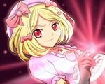  aitaso blonde_hair bow candy dress elbow_gloves food gloves hair_bow hat jewelry lambdadelta necklace pink_hat red_eyes short_hair smirk solo umineko_no_naku_koro_ni 