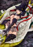  1girl bare_shoulders bayonetta bayonetta_(character) beauty_mark black_hair breasts cocohore elbow_gloves female glasses gloves gun hat long_hair miniskirt mole red_ribbon ribbon skirt solo thigh-highs thighhighs very_long_hair weapon witch_hat 