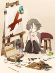  art_brush bad_id bad_pixiv_id barefoot book canvas_(object) ccru closed_eyes easel grey_hair highres oekaki_musume original paint paintbrush painting palette short_hair sitting sleeves_pushed_up solo stool tears 
