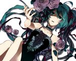  ahoge aqua_eyes aqua_hair bad_id bad_pixiv_id dress flower from_above gou_(tomero) hatsune_miku long_hair lying rose simple_background solo twintails very_long_hair vocaloid 