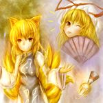  :p amanojaku animal_ears bad_id bad_pixiv_id doll fan folding_fan fox_ears fox_tail morichika_rinnosuke multiple_girls multiple_tails tail tongue tongue_out touhou yakumo_ran yakumo_yukari 