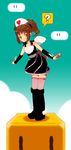  ? ?_block arm_warmers bad_id bad_pixiv_id boots bow box brown_eyes brown_hair choker cloud dress hat komagarita mario_(series) nurse_cap on_box pink_legwear ponytail rotating_block solo standing_on_object super_mario_bros. thighhighs wings zettai_ryouiki 