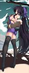  ass back black_hair boots breasts coffee_cat high_heels horns large_breasts legs long_hair original ponytail purple_eyes shoes sideboob solo tail thigh_boots thighhighs very_long_hair zettai_ryouiki 
