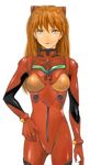  bangs blue_eyes bodysuit bracer cowboy_shot gloves hair_between_eyes hair_ornament hand_on_hip jitome kr lips long_hair looking_at_viewer neon_genesis_evangelion number orange_hair pilot_suit plugsuit simple_background skinny solo souryuu_asuka_langley turtleneck white_background 