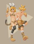  1girl bikini blonde_hair breasts brother_and_sister fang hand_on_hip highres kagamine_len kagamine_rin medium_breasts new_year one_eye_closed paws shorts siblings swimsuit thighhighs tiger_paws twins underboob urushizawa_takayuki vocaloid 