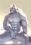  5_fingers a055576913 abs beard canine colored covering covering_crotch facial_hair facial_scar fur hair looking_at_viewer male mammal muscular navel nipples nude pecs red_eyes scar simple_background sitting solo spread_legs spreading white_fur white_hair wolf 