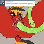  2015 ambiguous_gender anthro anthrofied anus black_nails blue_eyes blush clitoris dock duo equine fan_character female friendship_is_magic fur green_scales lying mammal my_little_pony nude on_back one_eye_closed pussy pussy_juice red_fur reptile russian_text scales scalie snake spreading text tumblr twotail813 twotail_(mlp) unbirthing urethra vaginal_insertion vore 