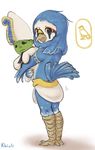  anthro armlet avian beak bird clothed clothing cub egyptian_mythology falcon half-dressed horus hug khiuli looking_at_viewer looking_back male nude osiris raised_tail rear_view signature skirt solo stuffed_toy topless young 