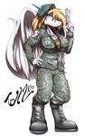  2015 anthro beret blonde_hair blue_scales boots clothed clothing dragon feathers female flag footwear green_eyes gun hair hand_on_hip handgun hat hi_res horn korean long_hair military_uniform raised_tail ranged_weapon scales scalie simple_background slit_pupils smile soldier solo star tailzkim teeth uniform weapon white_background white_feathers white_scales wings 