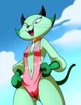 2015 camel_toe cat catnip_(hkftt) claws clothing cloud collar diamond digital_media_(artwork) erect_nipples fangs feline female flat_chested fur green_eyes green_fur hello_kitty&#039;s_furry_tale_theater jewelry lonbluewolf looking_down mammal navel nipple_bulge nipples open_mouth raised_tail simple_background sky solo swimsuit teeth tongue whiskers white_sclera 