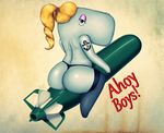  big_butt blonde_hair blue_eyes butt cetacean clothed clothing english_text female hair half-dressed mammal marine pearl_krabs ponytail sirredbenjamin solo tattoo text thick_thighs thong topless whale 