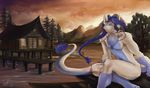 2012 anthro blue_eyes blue_fur blue_hair braided_hair chest_tuft detailed_background dragon firetally fur glowing glowing_eyes hair half-closed_eyes looking_at_viewer male multicolored_fur nude outside sitting smile solo tuft two_tone_fur whiskers white_fur 